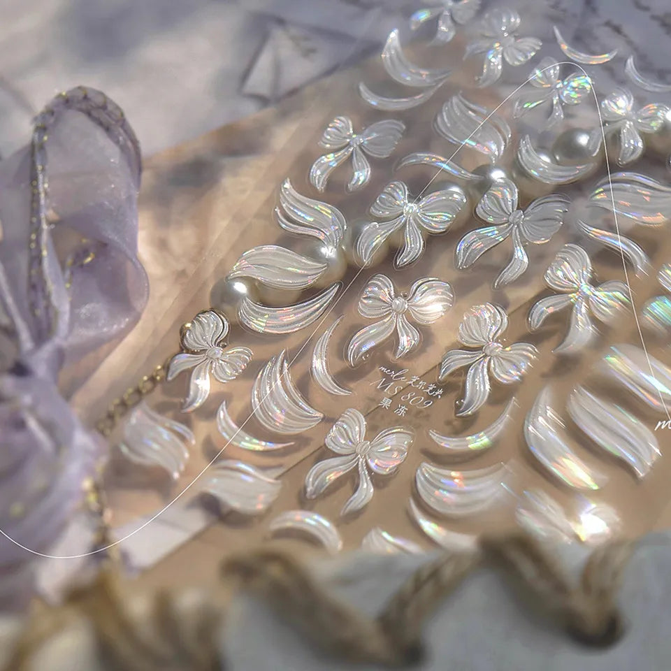 5D Bow & Ribbon Nail Stickers – Holographic Coquette Style Decals