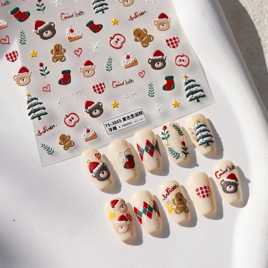 5D Holiday Nail Art Stickers – Christmas Tree, Teddy Bear & Gingerbread Nail Decals