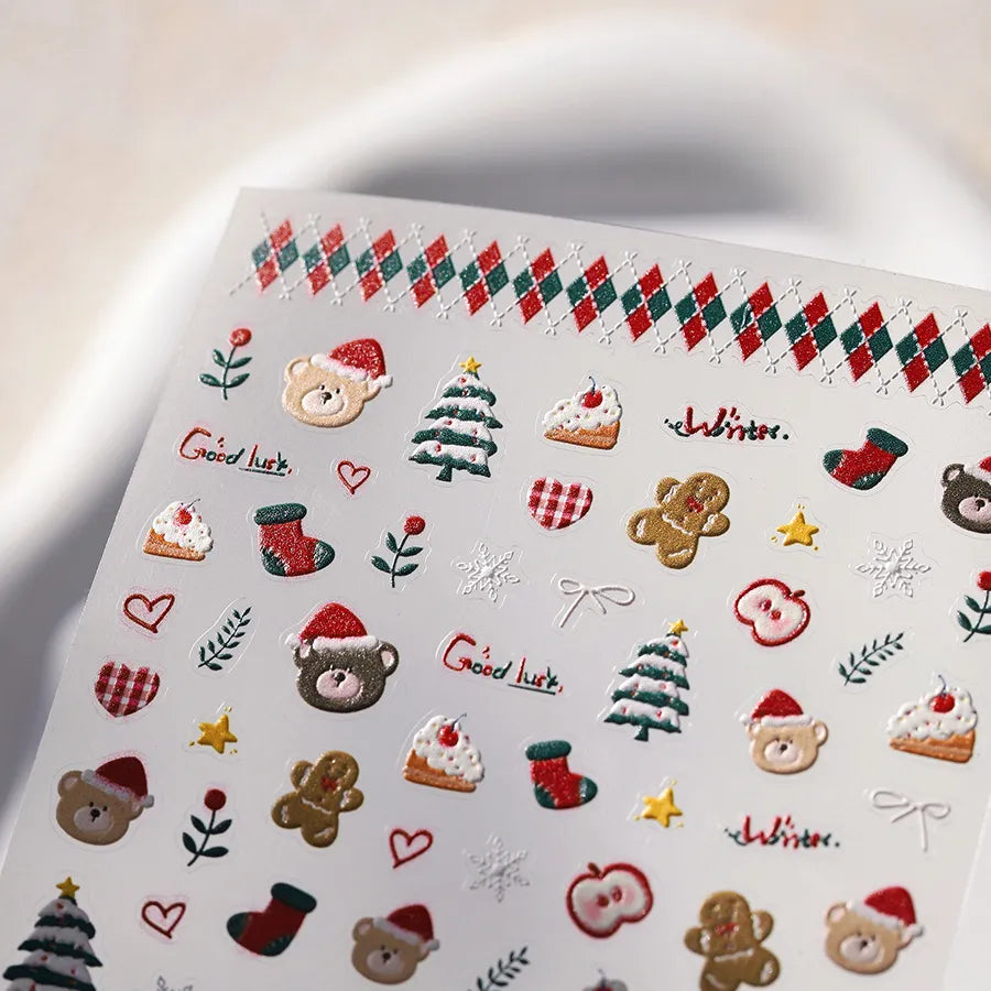 5D Holiday Nail Art Stickers – Christmas Tree, Teddy Bear & Gingerbread Nail Decals
