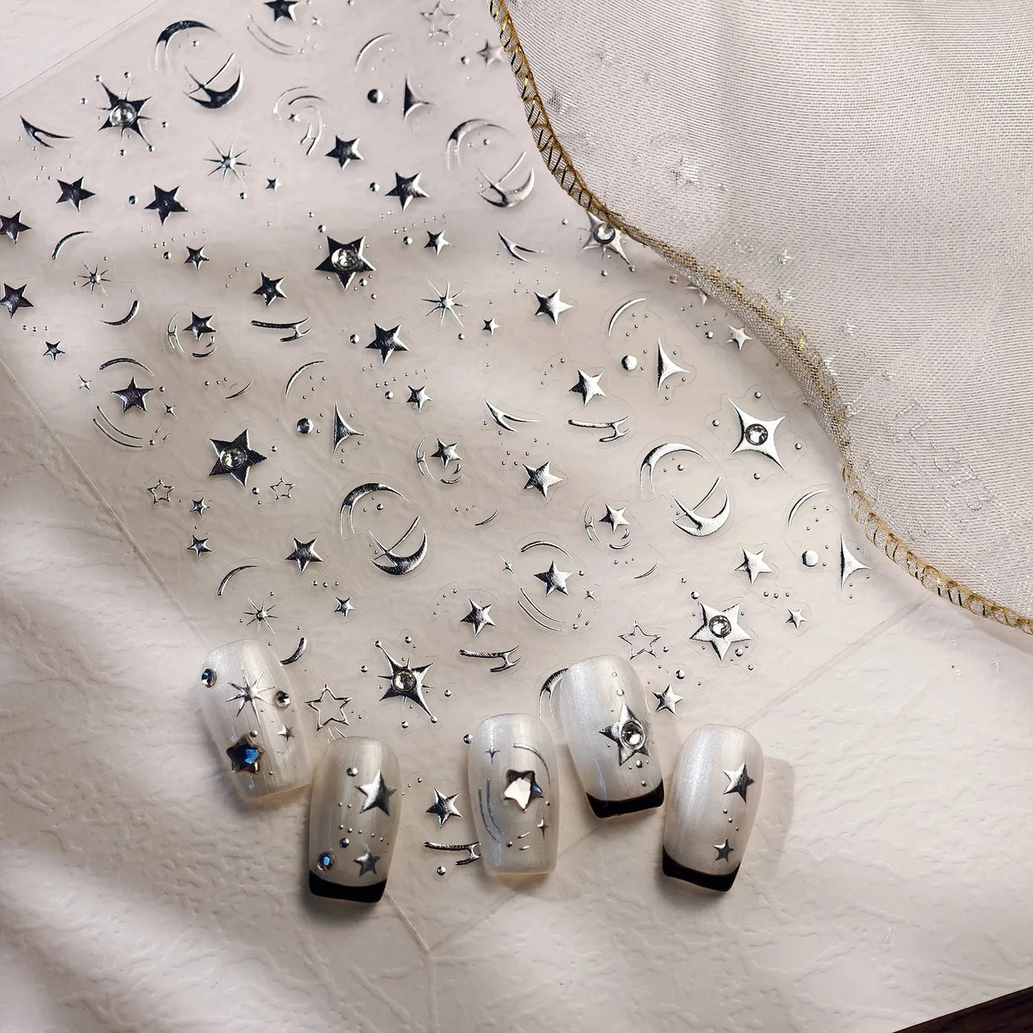 5D Chrome Star & Moon Nail Stickers | Celestial Rhinestone Decals - TL373
