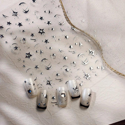 5D Chrome Star & Moon Nail Stickers | Celestial Rhinestone Decals - TL373