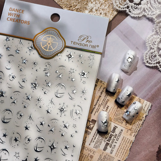 5D Chrome Star & Moon Nail Stickers | Celestial Rhinestone Decals - TL373