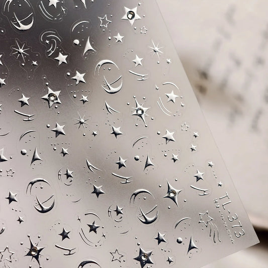5D Chrome Star & Moon Nail Stickers | Celestial Rhinestone Decals - TL373