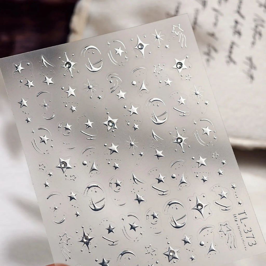 5D Chrome Star Moon Nail Stickers | Celestial Rhinestone Decals TL373
