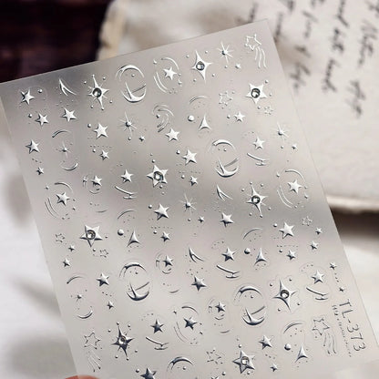 5D Chrome Star & Moon Nail Stickers | Celestial Rhinestone Decals - TL373