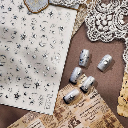 5D Chrome Star & Moon Nail Stickers | Celestial Rhinestone Decals - TL373
