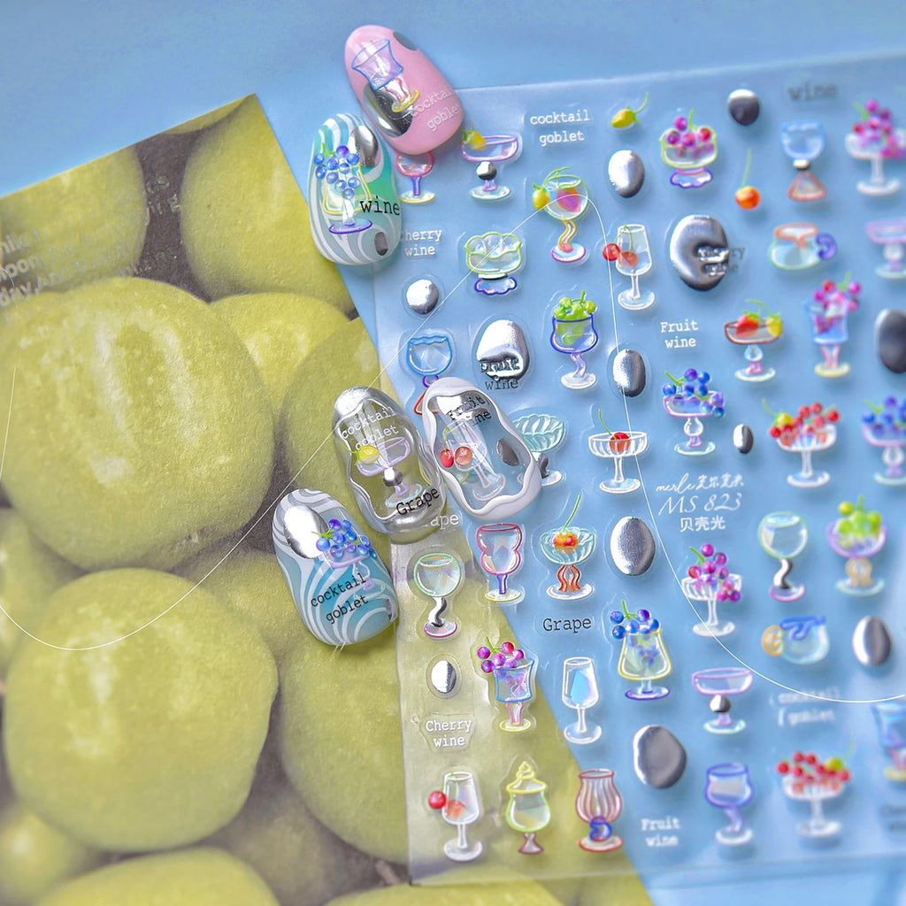 5D Cocktail Nail Stickers – Fruit Wine & Goblet Design Decals MS823
