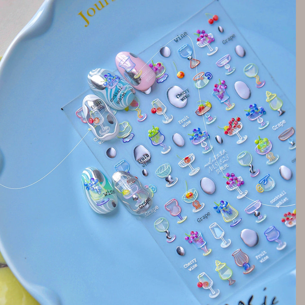 5D Cocktail Nail Stickers – Fruit Wine & Goblet Design Decals MS823