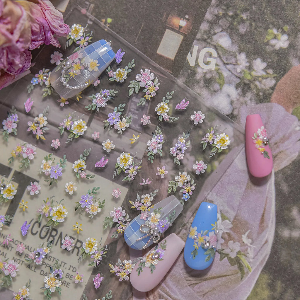 5D Embossed Daisy Nail Stickers with Rhinestones