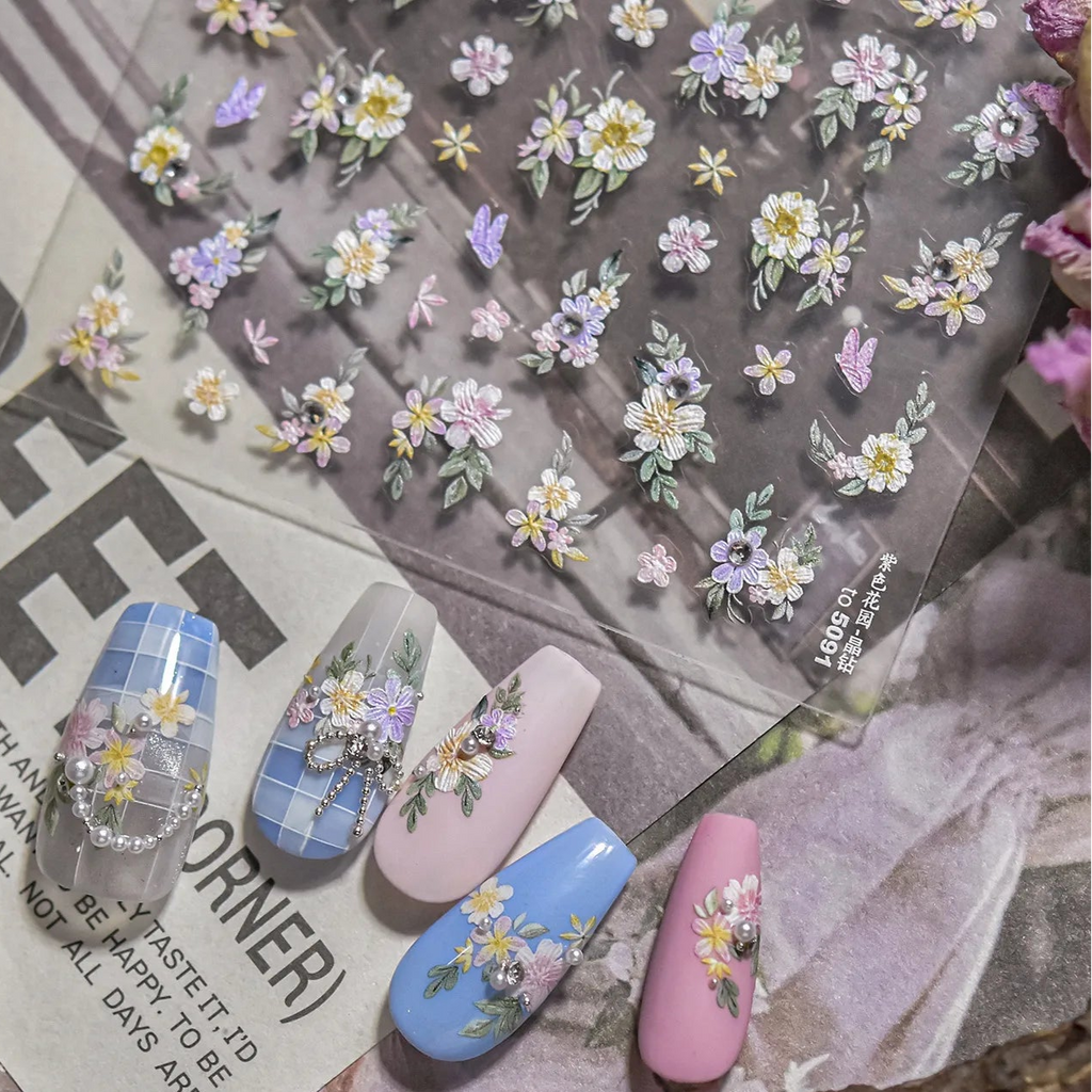 5D Embossed Daisy Nail Stickers with Rhinestones