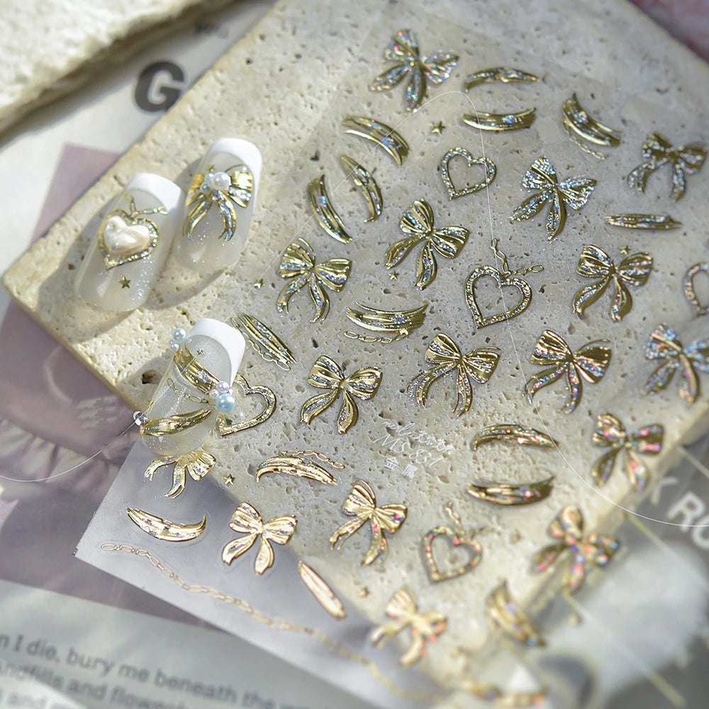 5D Gold Bow Nail Stickers | Coquette Nail Art Decals