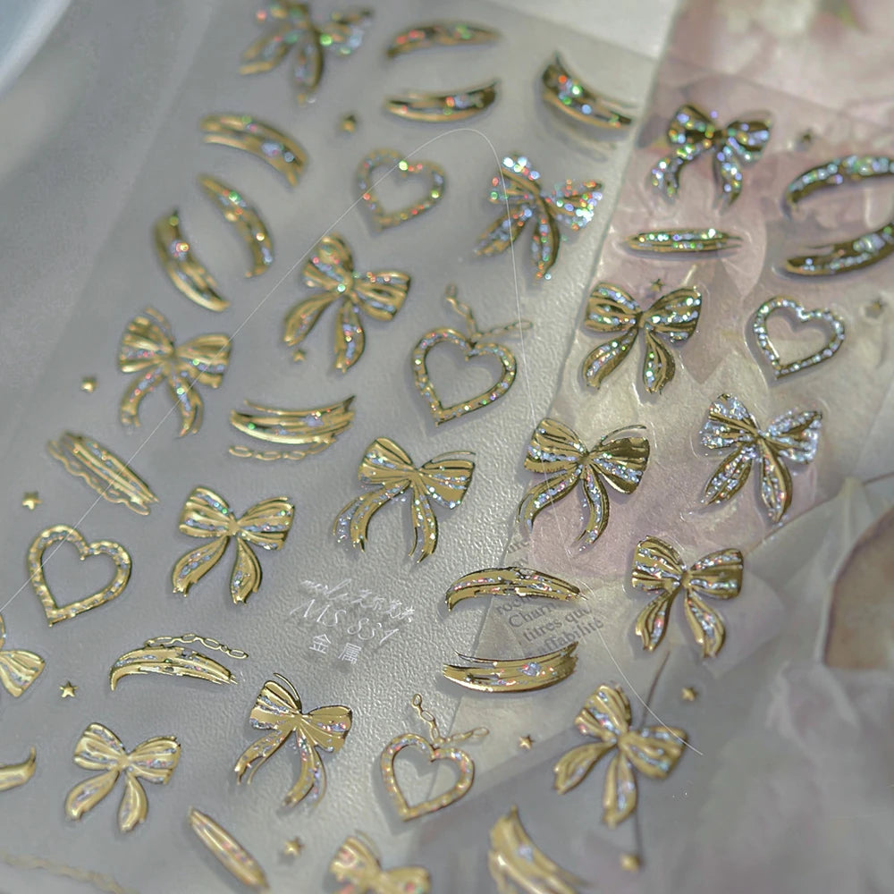 5D Gold Bow Nail Stickers | Coquette Nail Art Decals