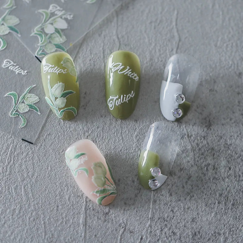 5D Flower Nail Stickers Embossed Tulips Nail Art Decals KX112