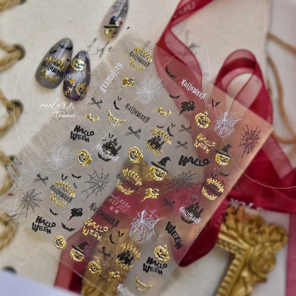 5D Gold Halloween Nail Stickers | Spooky Pumpkin Decals MS872