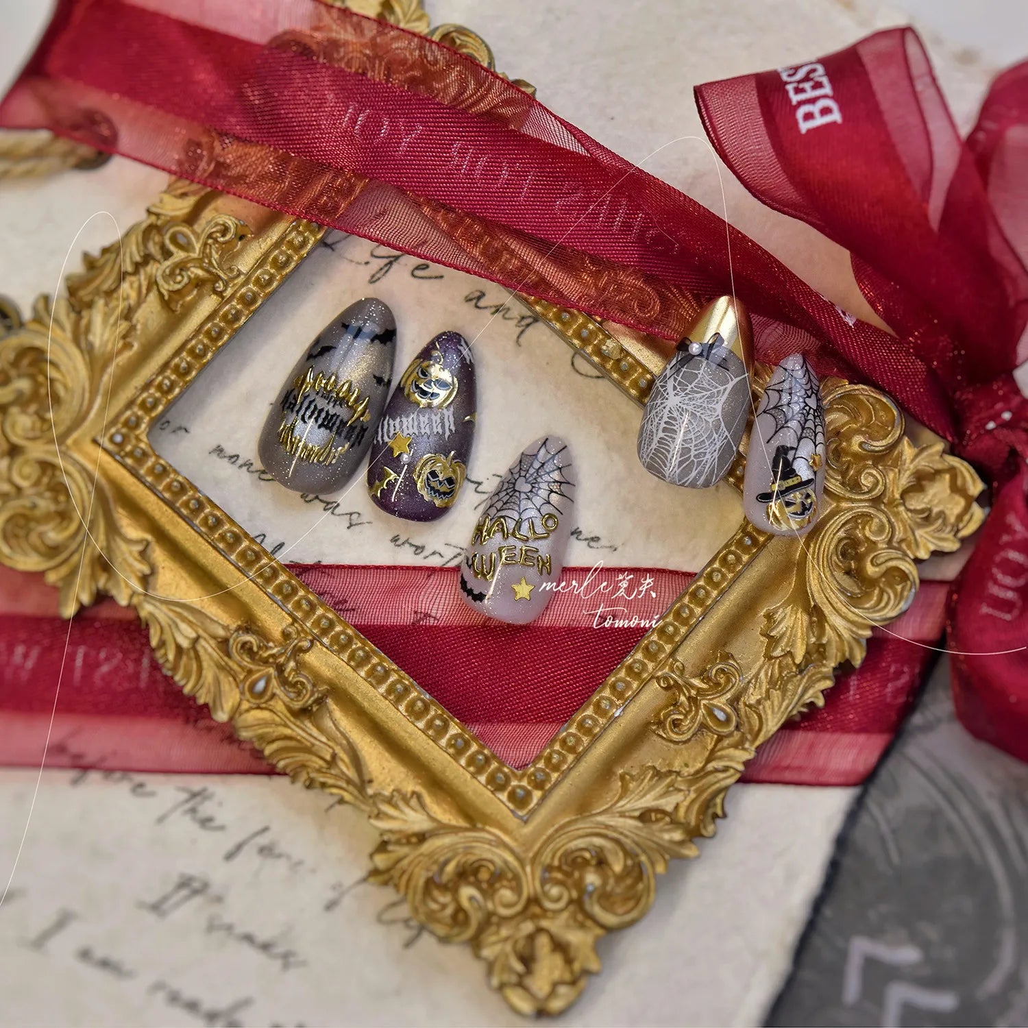 5D Gold Halloween Nail Stickers | Spooky Pumpkin Decals MS872