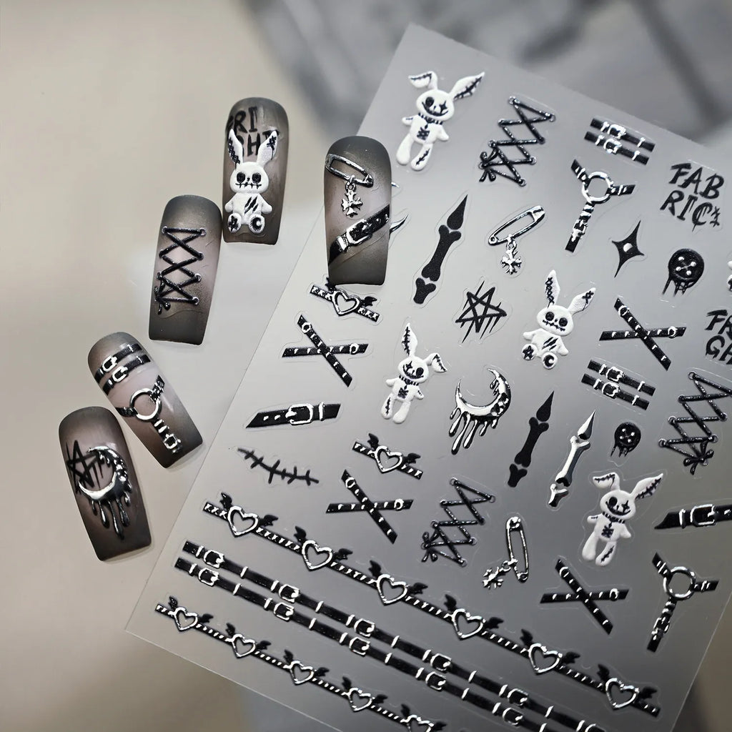 5D Goth Punk Nail Decals | Creepy Bunny & Corset Stickers - M1221