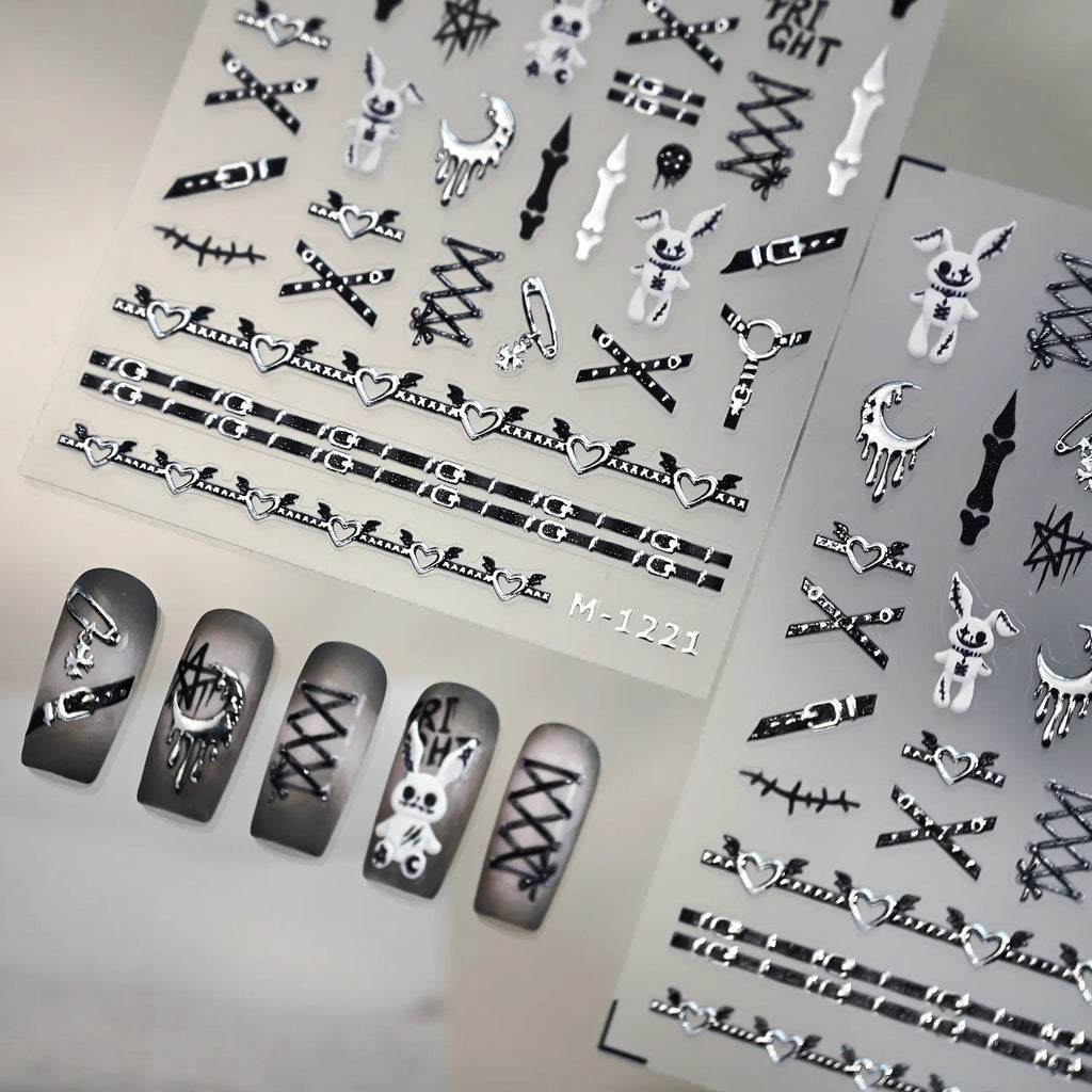5D Goth Punk Nail Decals | Creepy Bunny & Corset Stickers - M1221