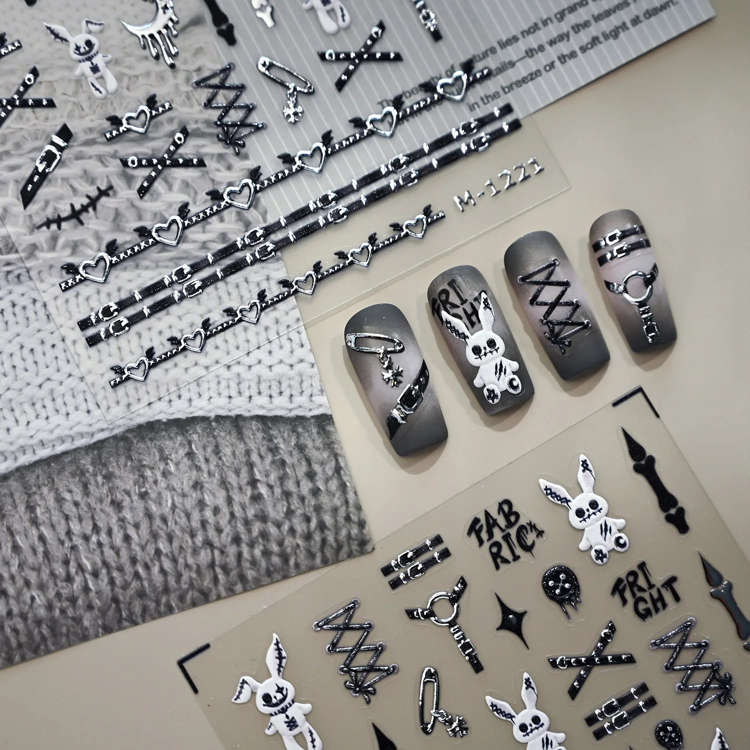 5D Goth Punk Nail Decals | Creepy Bunny & Corset Stickers - M1221