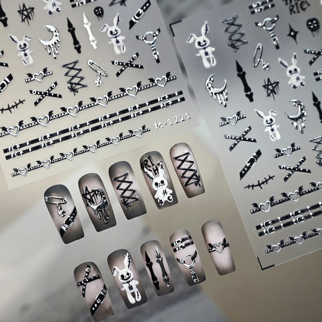 5D Goth Punk Nail Decals | Creepy Bunny & Corset Stickers - M1221
