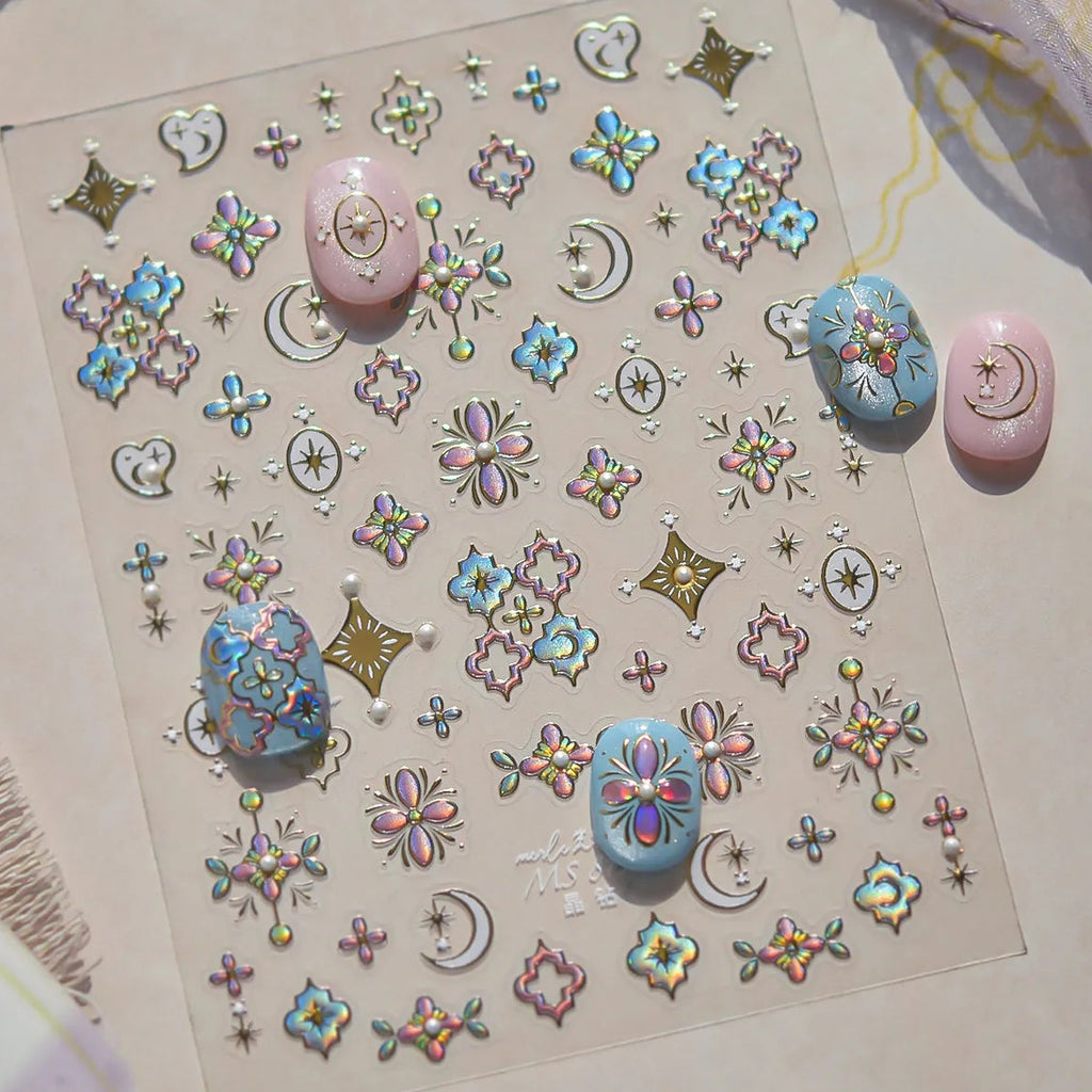 5D Holographic Nail Stickers – Stars, Moons & Floral Medallion Decals MS819
