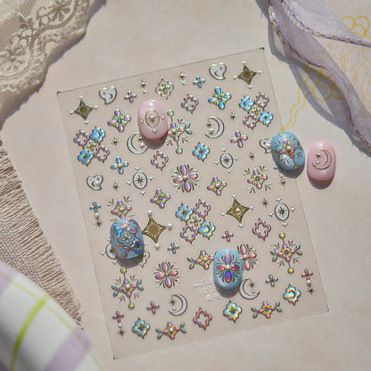 5D Holographic Nail Stickers – Stars, Moons & Floral Medallion Decals MS819