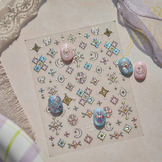 5D Holographic Nail Stickers – Stars, Moons & Floral Medallion Decals MS819