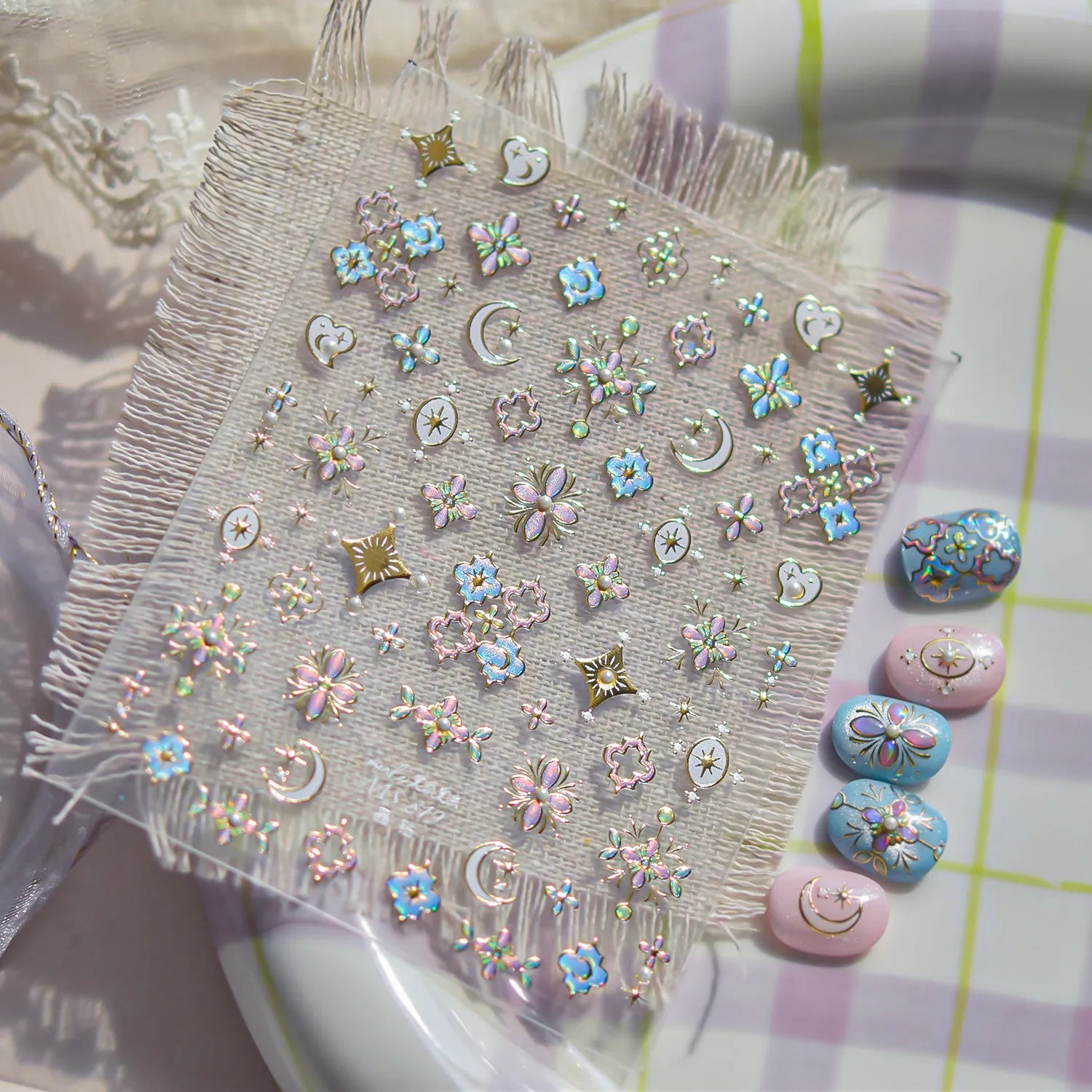 5D Holographic Nail Stickers – Stars, Moons & Floral Medallion Decals MS819