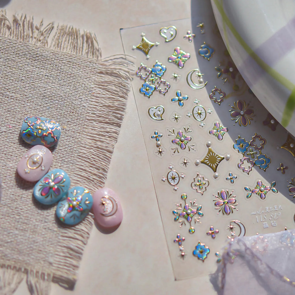 5D Holographic Nail Stickers – Stars, Moons & Floral Medallion Decals MS819