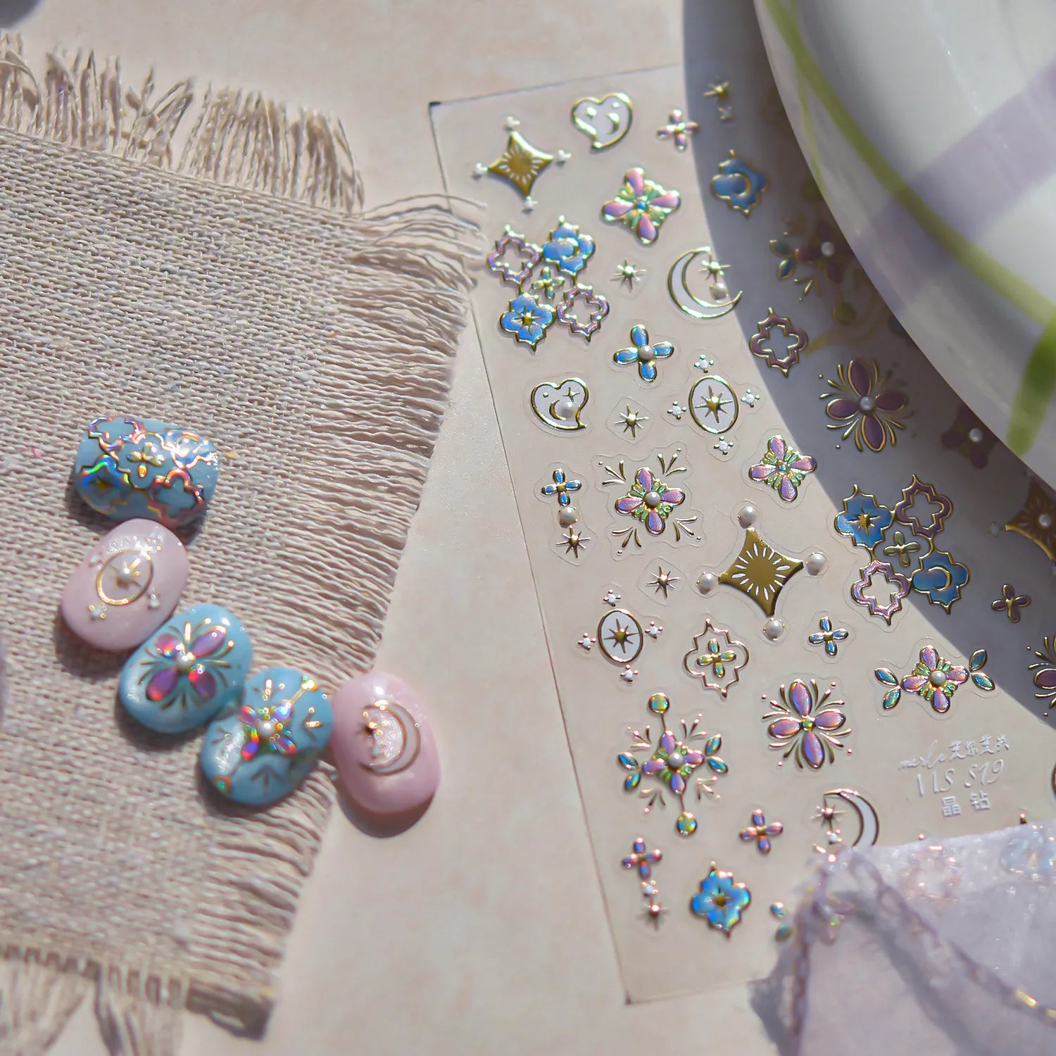 5D Holographic Nail Stickers – Stars, Moons & Floral Medallion Decals MS819