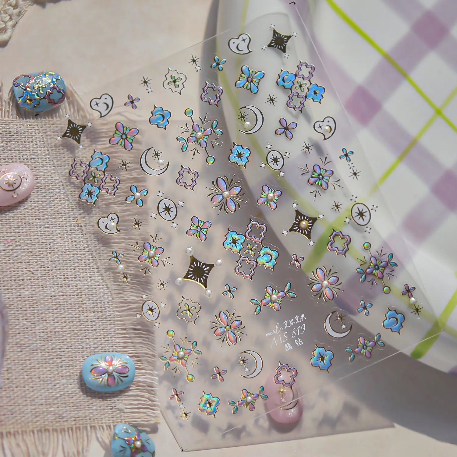 5D Holographic Nail Stickers – Stars, Moons & Floral Medallion Decals MS819