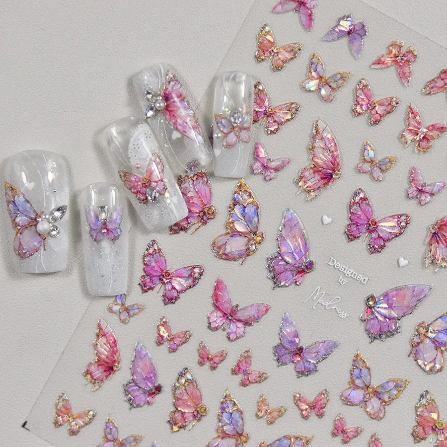 5D Iridescent Butterfly Nail Stickers - Pink & Purple Glitter Y2K Aesthetic to3770