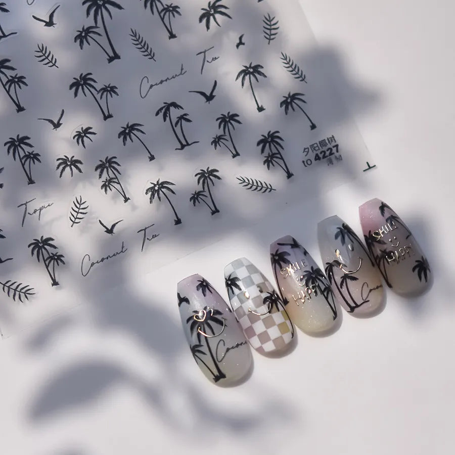 5D Palm Tree Nail Stickers – Black, White, Gold & Silver Tropical Nail Decals