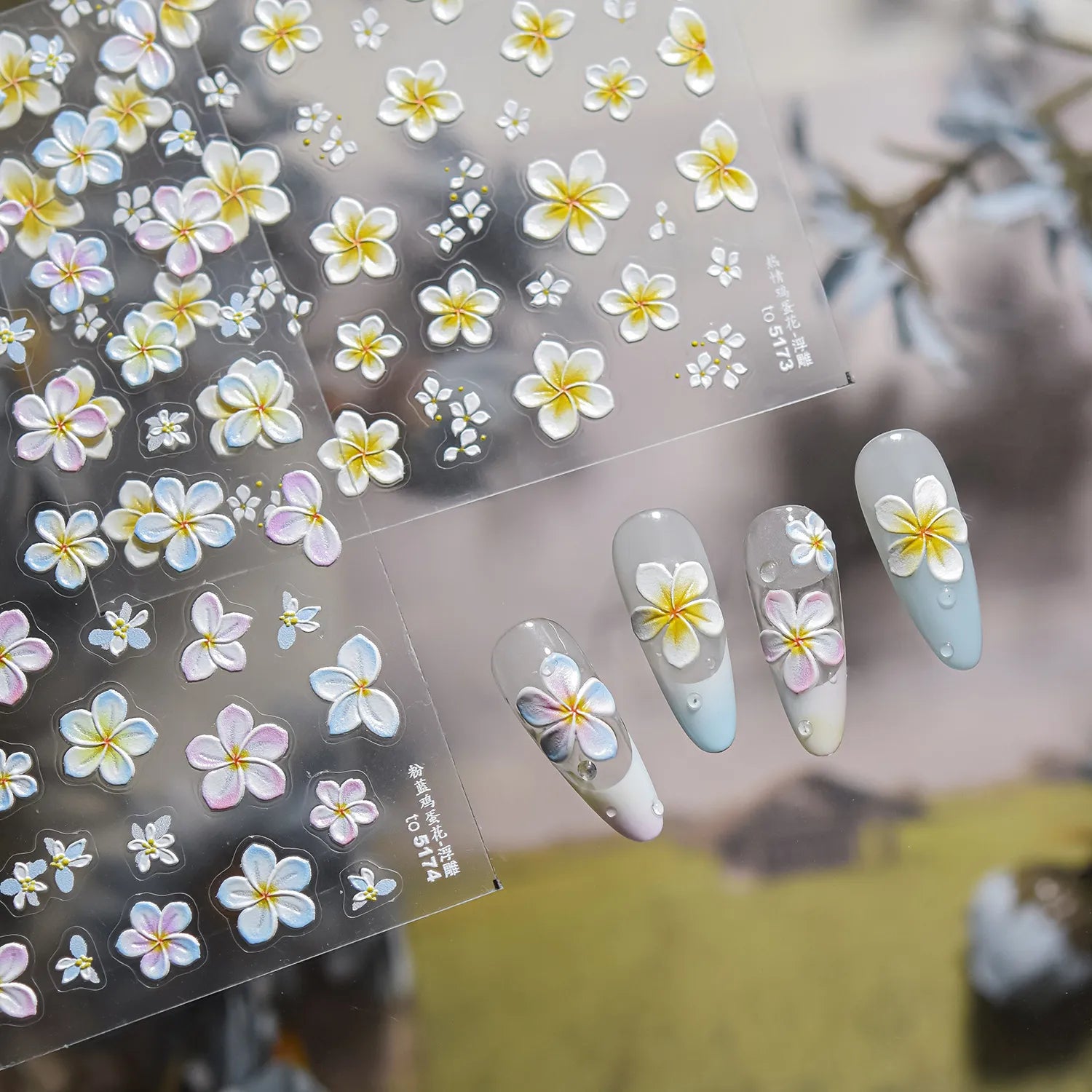 5D Plumeria Nail Stickers | Embossed Tropical Flower Decals