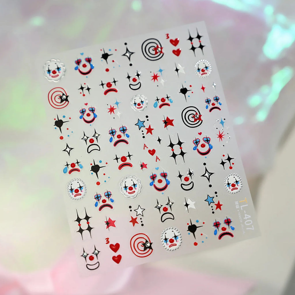 5D Sad Clown Nail Stickers | Circus Clowncore Rhinestone Decals TL407