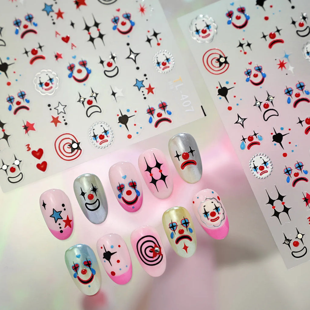 5D Sad Clown Nail Stickers | Circus Clowncore Rhinestone Decals TL407