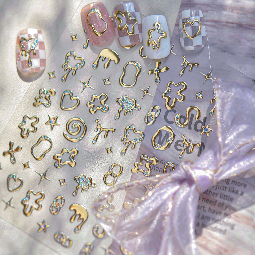 5D Chrome Heart Star Nail Stickers | Y2K Cyber Liquid Metal Decals