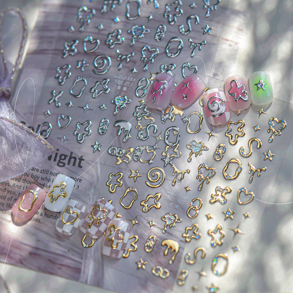 5D Chrome Heart Star Nail Stickers | Y2K Cyber Liquid Metal Decals