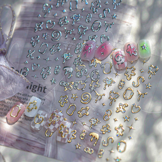 5D Chrome Heart & Star Nail Stickers | Y2K Cyber Liquid Metal Decals