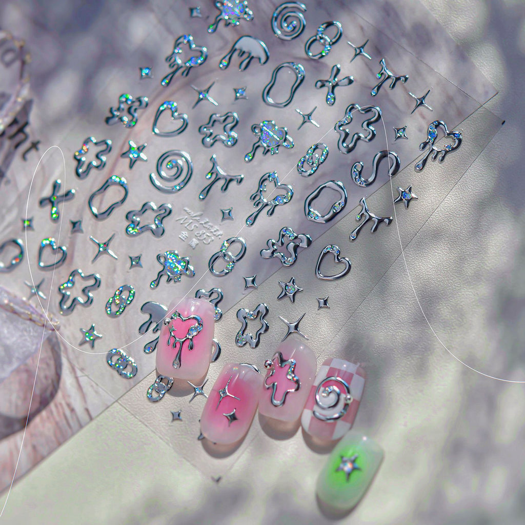 5D Chrome Heart Star Nail Stickers | Y2K Cyber Liquid Metal Decals