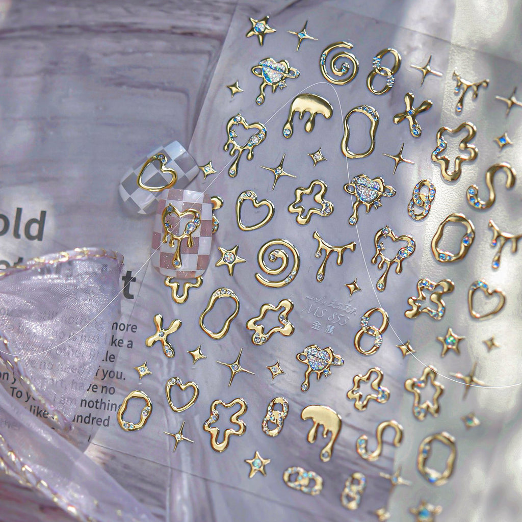 5D Chrome Heart Star Nail Stickers | Y2K Cyber Liquid Metal Decals