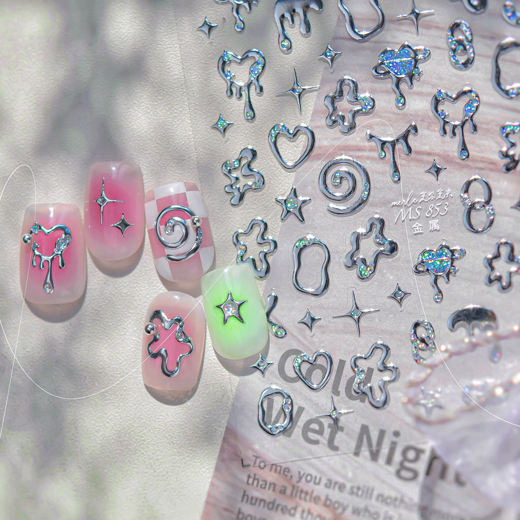 5D Chrome Heart Star Nail Stickers | Y2K Cyber Liquid Metal Decals