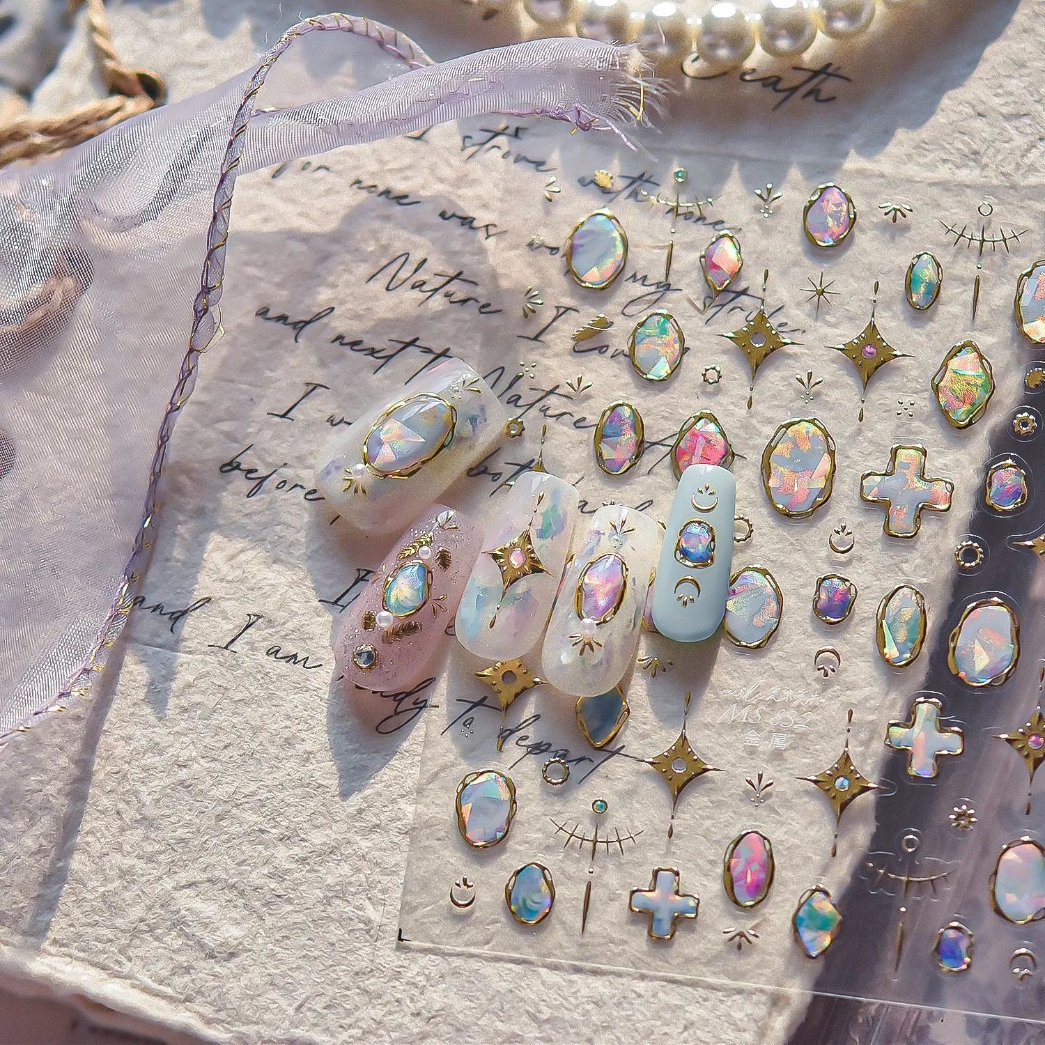 5D Aurora Gem Nail Stickers | Y2K Iridescent Crystal & Gold Silver Chrome Nail Art Decals 832