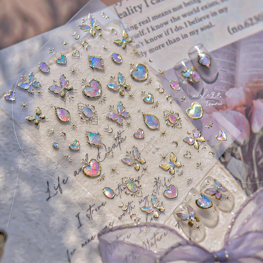 5D Aurora Gem Nail Stickers | Y2K Iridescent Crystal & Gold Silver Chrome Nail Art Decals 832