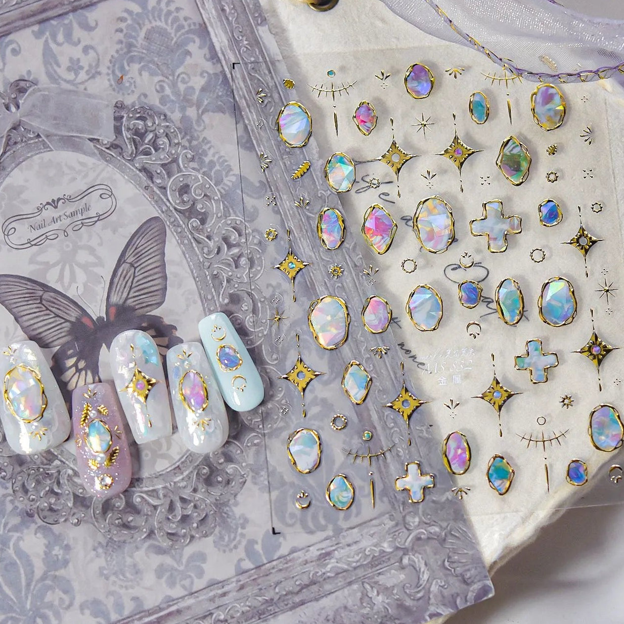 5D Aurora Gem Nail Stickers | Y2K Iridescent Crystal & Gold Silver Chrome Nail Art Decals 832