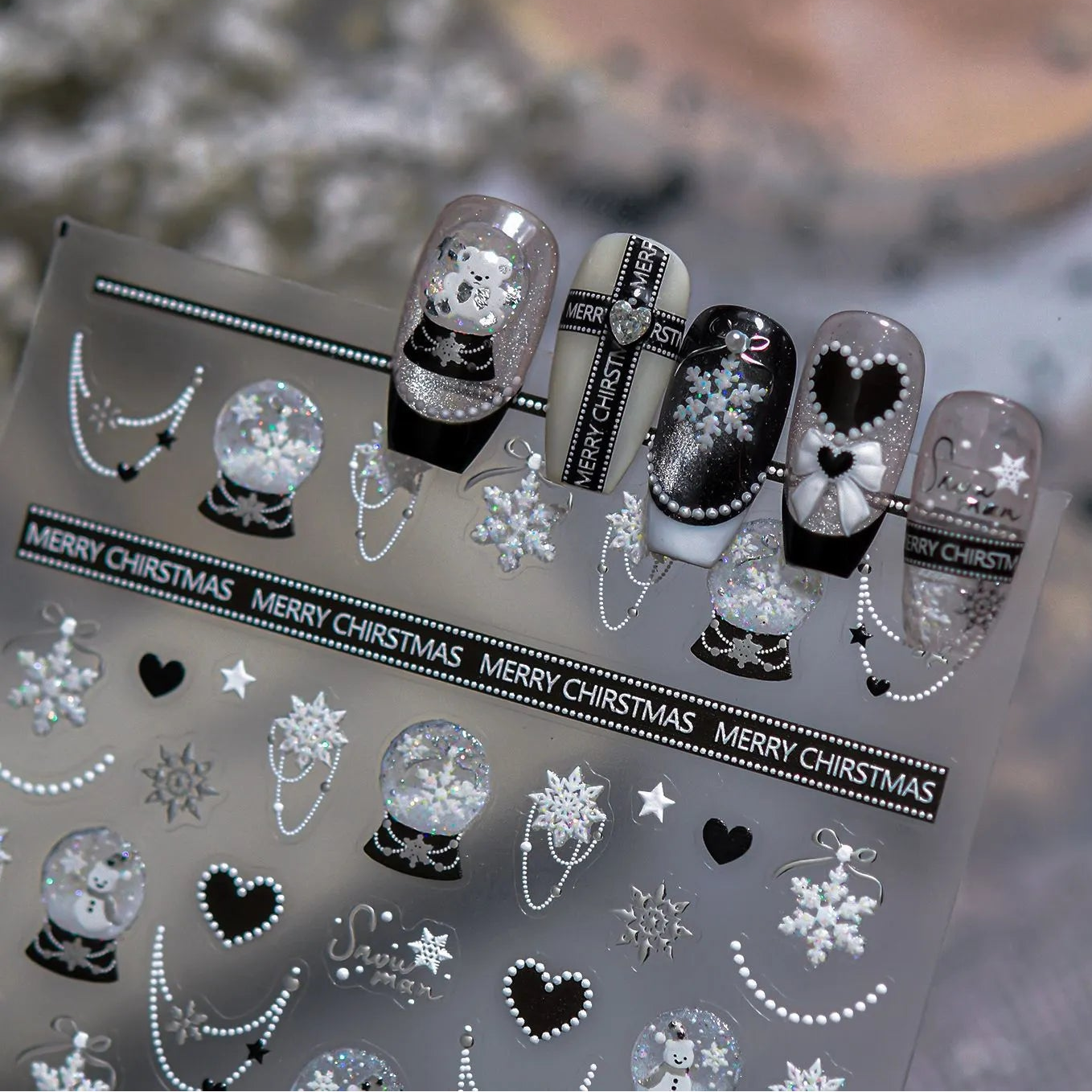 5D Black Bow & Bear Christmas Nail Stickers 5466