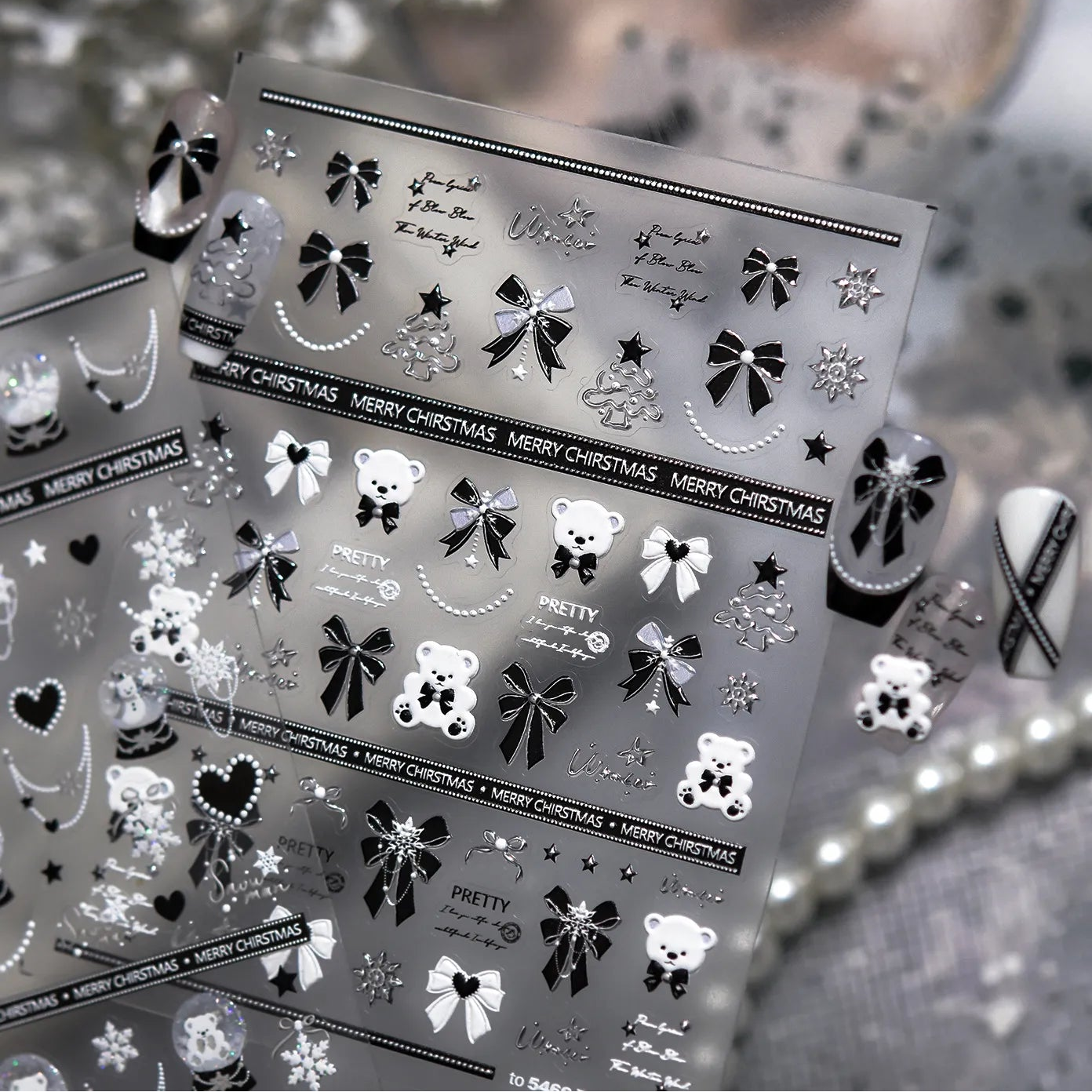 5D Black Bow & Bear Christmas Nail Stickers 5466