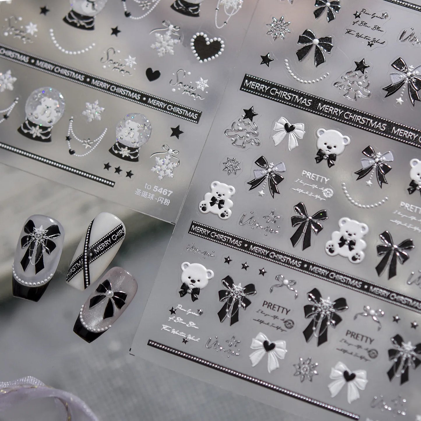 5D Black Bow & Bear Christmas Nail Stickers 5466