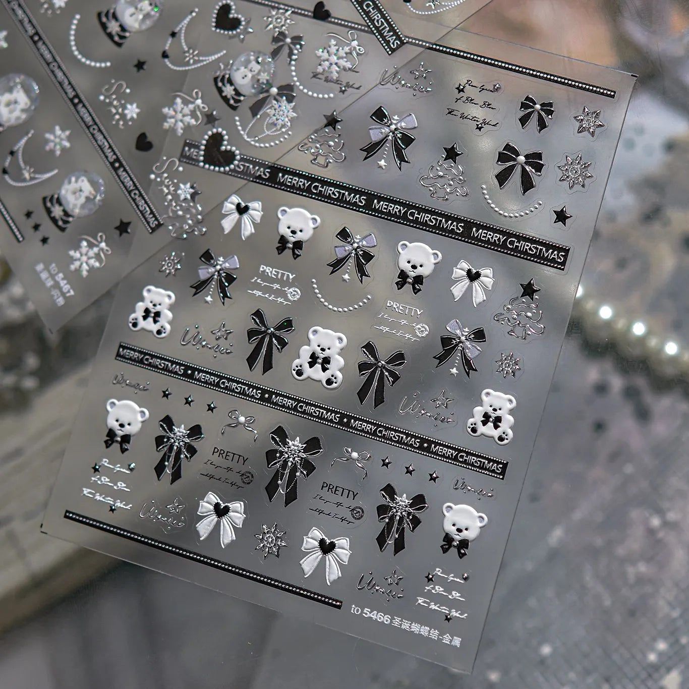 5D Black Bow & Bear Christmas Nail Stickers 5466