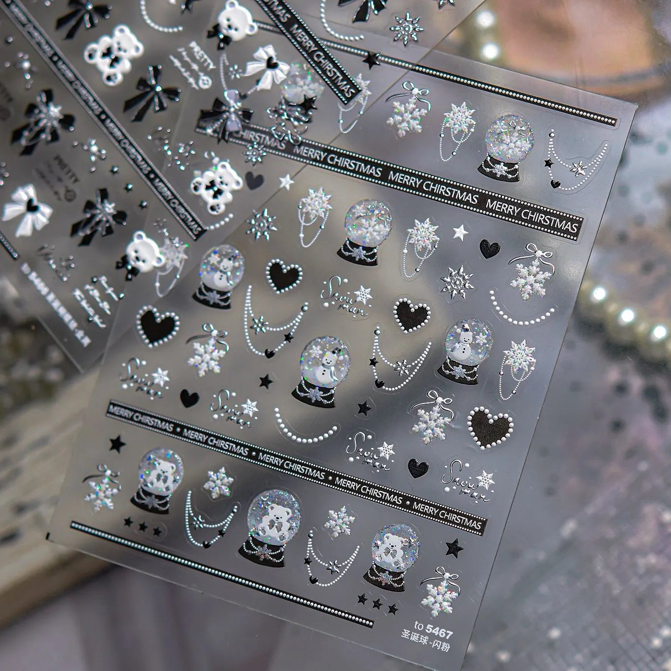 5D Black Bow & Bear Christmas Nail Stickers 5466