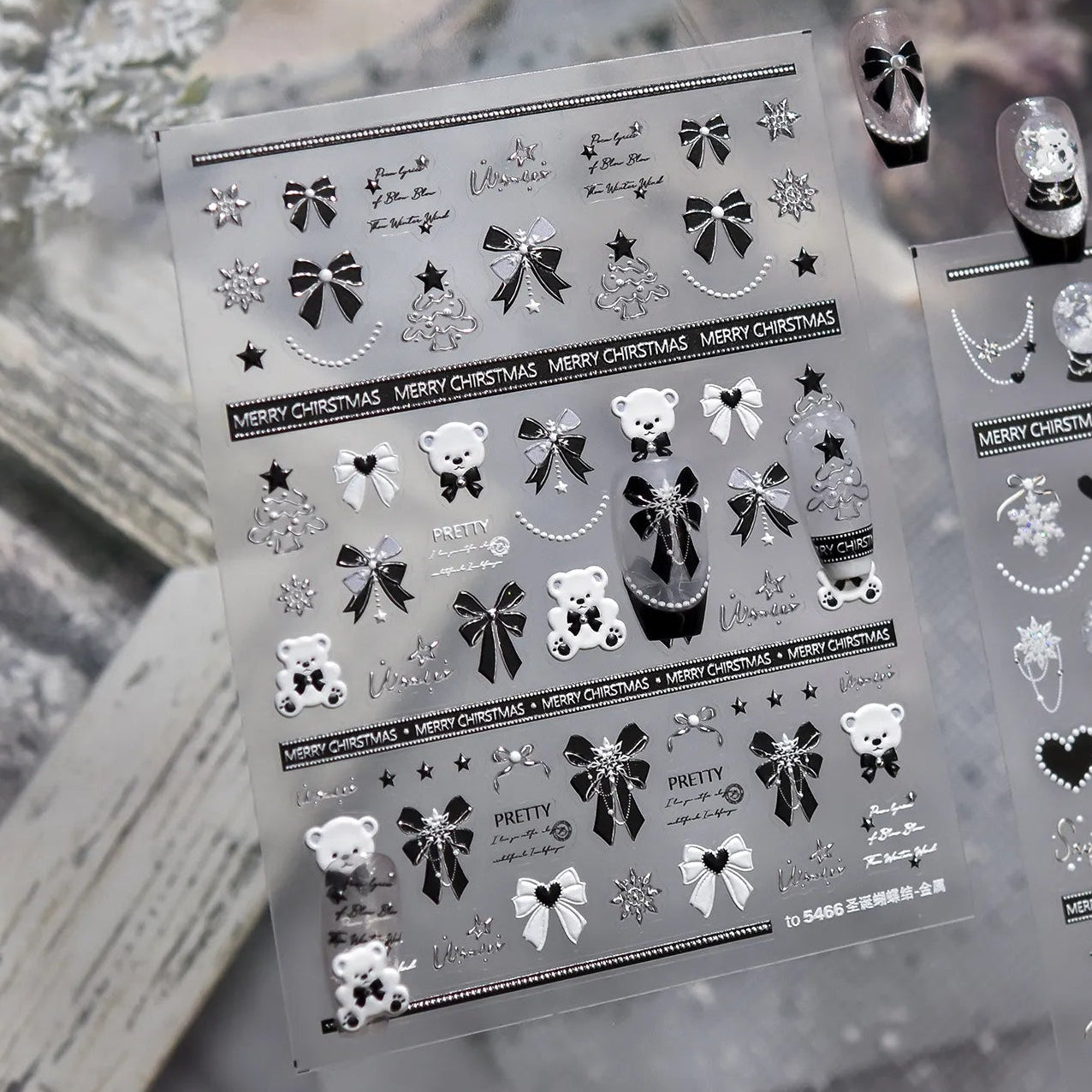 5D Black Bow & Bear Christmas Nail Stickers 5466